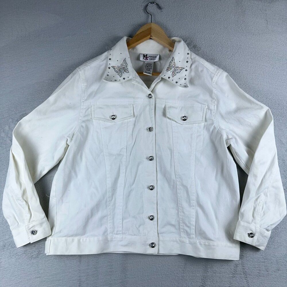 Maggie Sweet Denim Jacket Beaded Butterfly Detail Womens White Size Large Petite